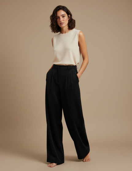 Pantalon À Pince Noir Ample Plissé Décontracté - Laine