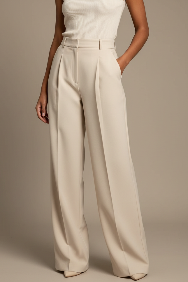 Pantalon À Pince Crème Ample Plissé Taille Haute Élégant - Beige Gabardine