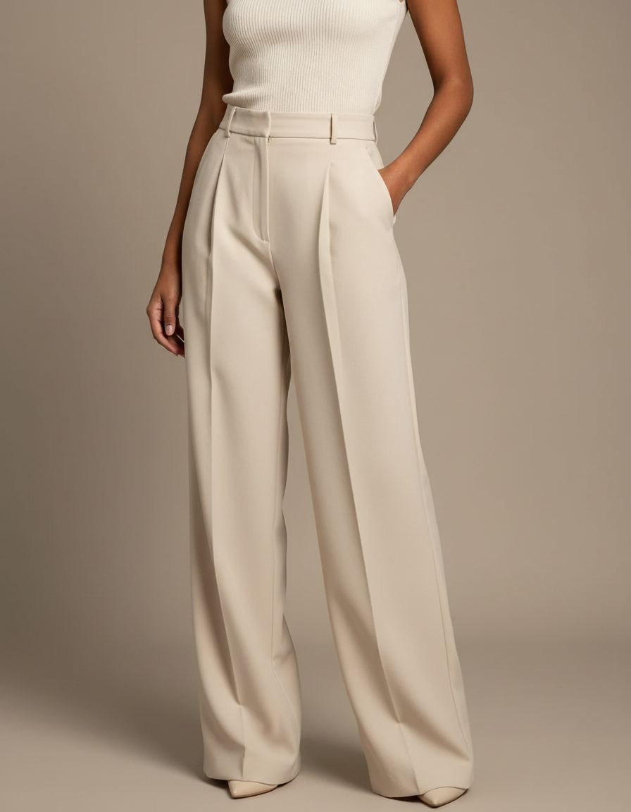 Pantalon À Pince Crème Ample Plissé Taille Haute Élégant - Beige Gabardine