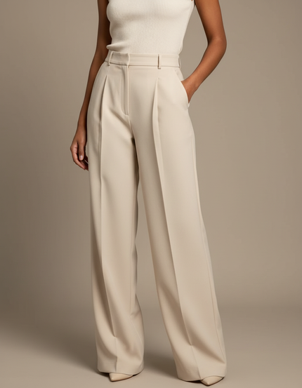 Pantalon À Pince Crème Ample Plissé Taille Haute Élégant - Beige Gabardine