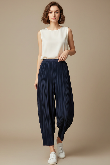 Pantalon À Pince Plissé Fluide Ample Marine Femme - Polyester