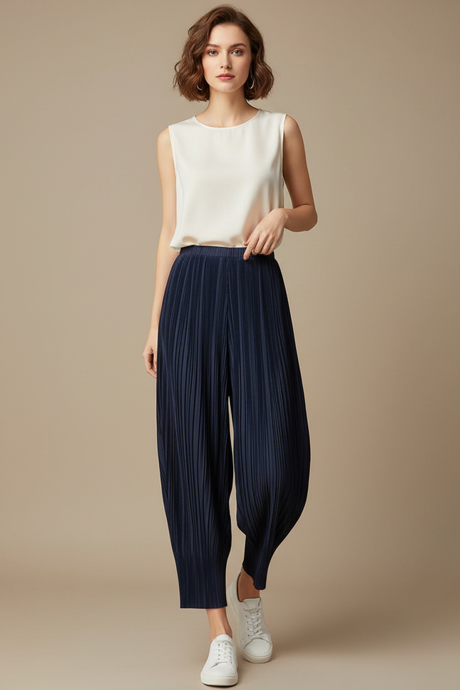 Pantalon À Pince Plissé Fluide Ample Marine Femme - Polyester