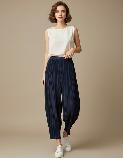 Pantalon À Pince Plissé Fluide Ample Marine Femme - Polyester