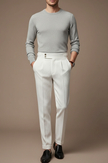 Pantalon À Pince Blanc Texturé Plissé Slim Élégant Homme - Coton
