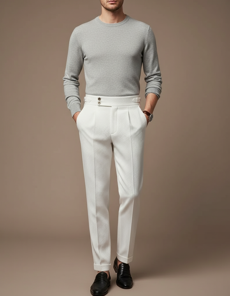 Pantalon À Pince Blanc Texturé Plissé Slim Élégant Homme - Coton