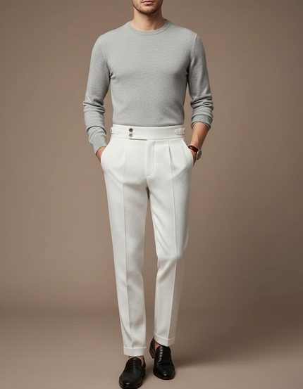 Pantalon À Pince Blanc Texturé Plissé Slim Élégant Homme - Coton
