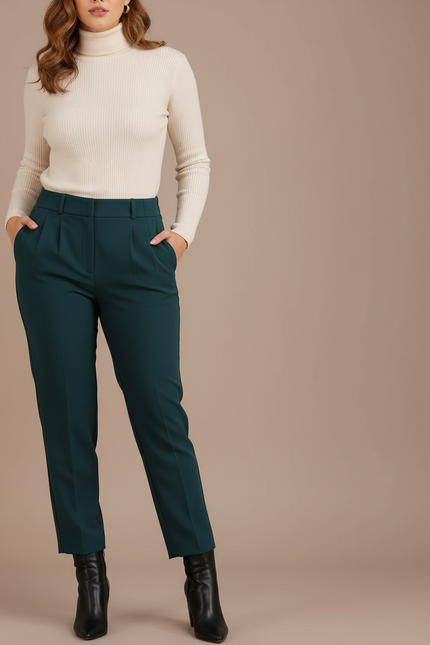 Pantalon À Pince Vert Émeraude Taille Haute Élégant Femme - Gabardine