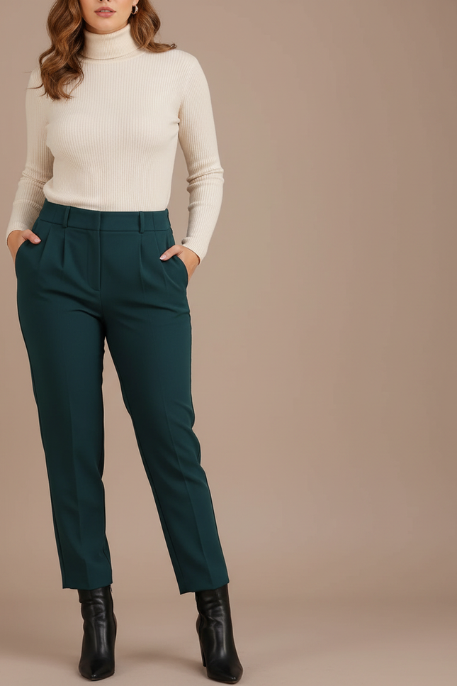 Pantalon À Pince Vert Émeraude Taille Haute Élégant Femme - Gabardine