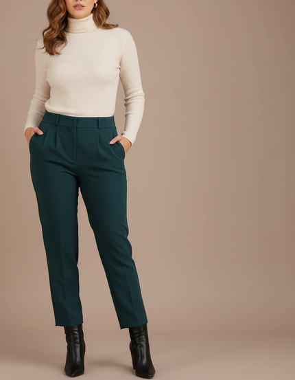 Pantalon À Pince Vert Émeraude Taille Haute Élégant Femme - Gabardine