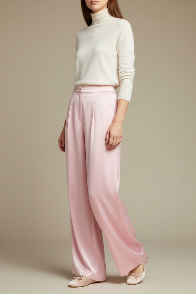 Pantalon À Pince Rose Satiné Fluide Élégant