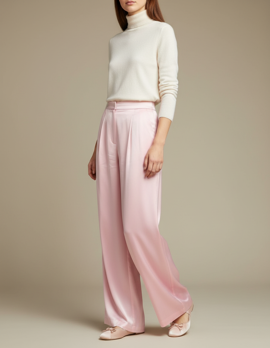 Pantalon À Pince Rose Satiné Fluide Élégant