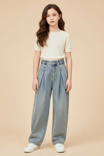 Pantalon À Pince Denim Ample Plissé Fille Décontracté - Bleu Jean