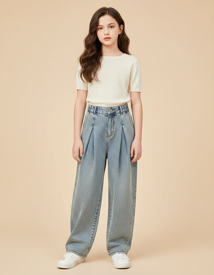 Pantalon À Pince Denim Ample Plissé Fille Décontracté - Bleu Jean