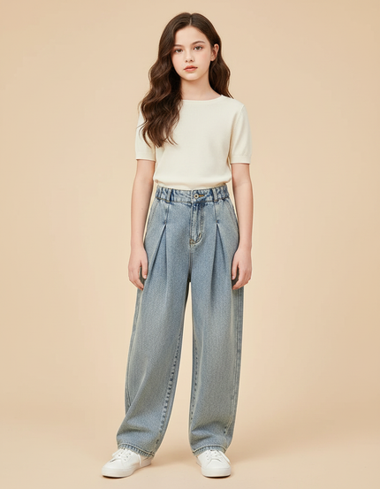 Pantalon À Pince Denim Ample Plissé Fille Décontracté - Bleu Jean