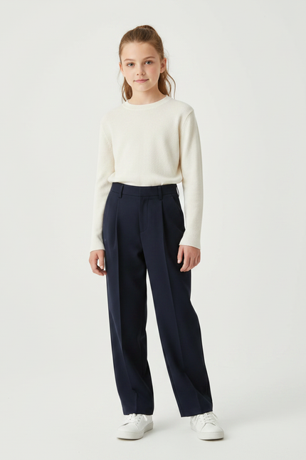 Pantalon À Pince Bleu Marine Ample Décontracté Enfant - Gabardine