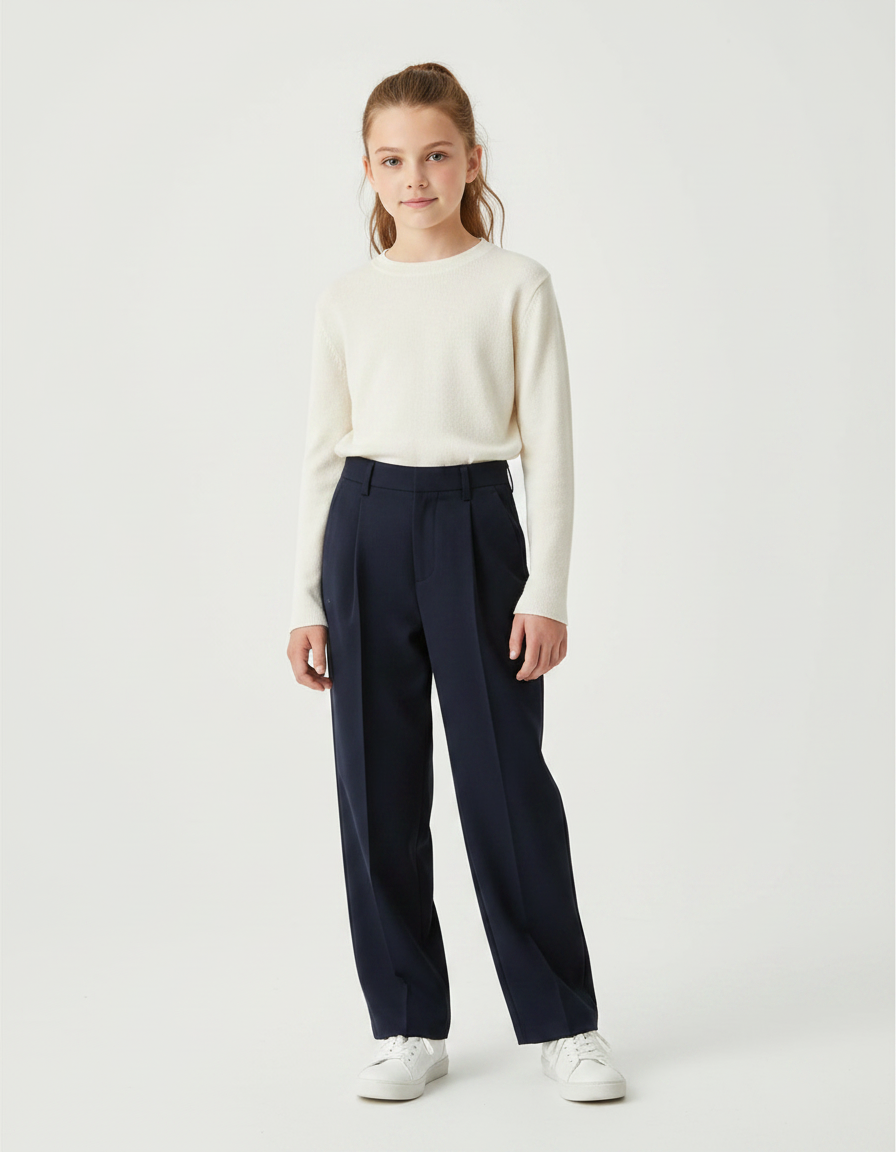 Pantalon À Pince Bleu Marine Ample Décontracté Enfant - Gabardine