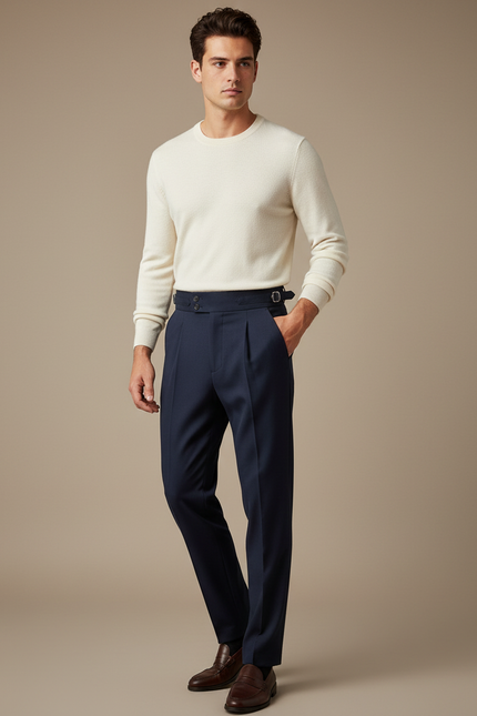 Pantalon À Pince Bleu Marine Élégant Plissé Décontracté - Gabardine