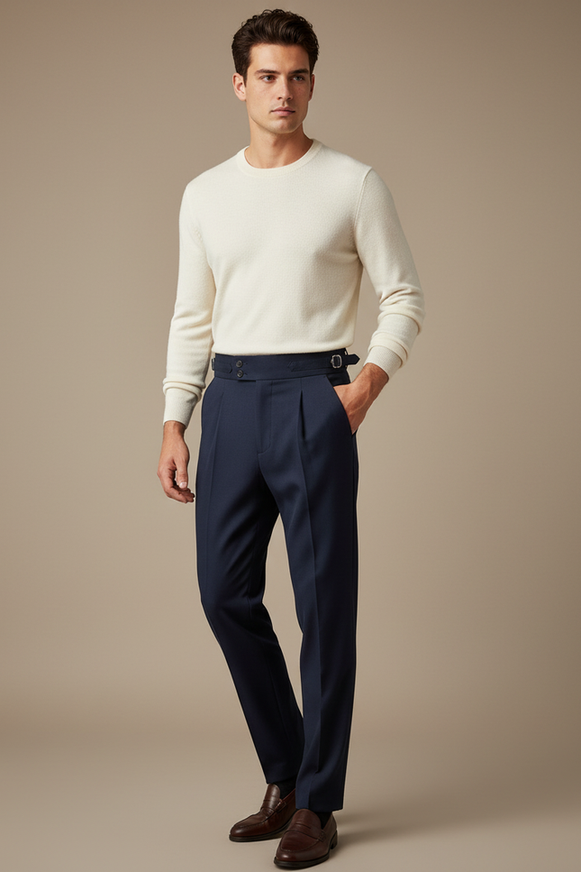 Pantalon À Pince Bleu Marine Élégant Plissé Décontracté - Gabardine
