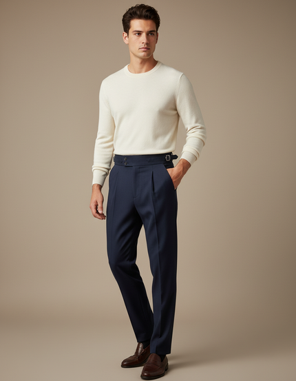 Pantalon À Pince Bleu Marine Élégant Plissé Décontracté - Gabardine