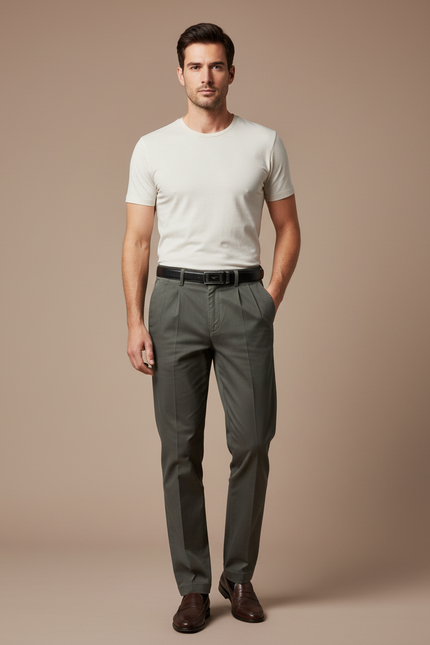 Pantalon À Pince Kaki Plissé Homme Coton Décontracté