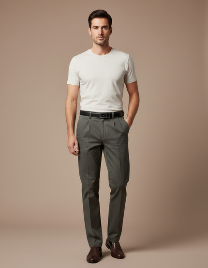 Pantalon À Pince Kaki Plissé Homme Coton Décontracté