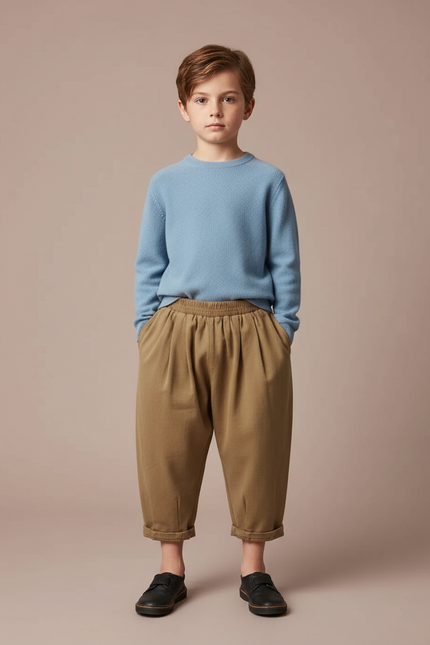 Pantalon À Pince Kaki Ample Coton Enfant Plissé
