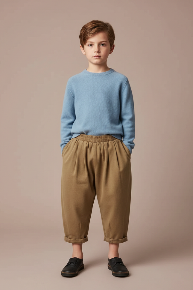 Pantalon À Pince Kaki Ample Coton Enfant Plissé