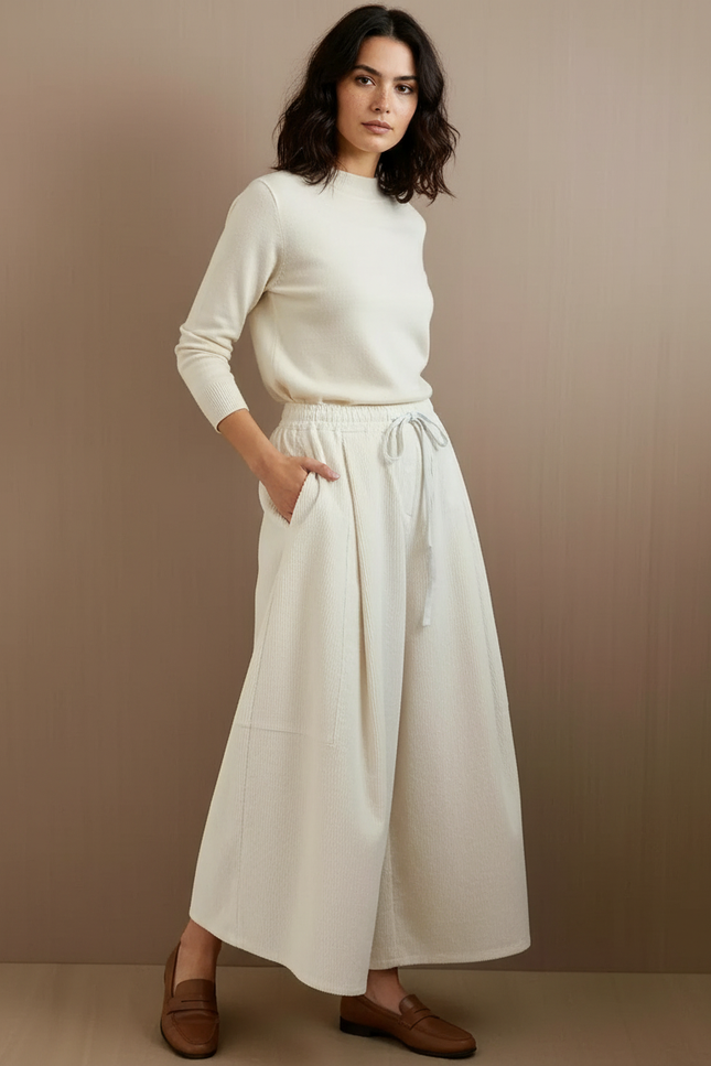 Pantalon À Pince Crème Ample Côtelé Décontracté Femme - Beige Cordé