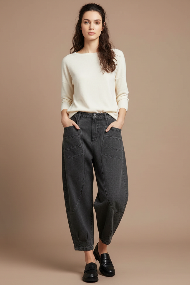 Pantalon À Pince Gris Ample Décontracté Cargo Femme - Jean