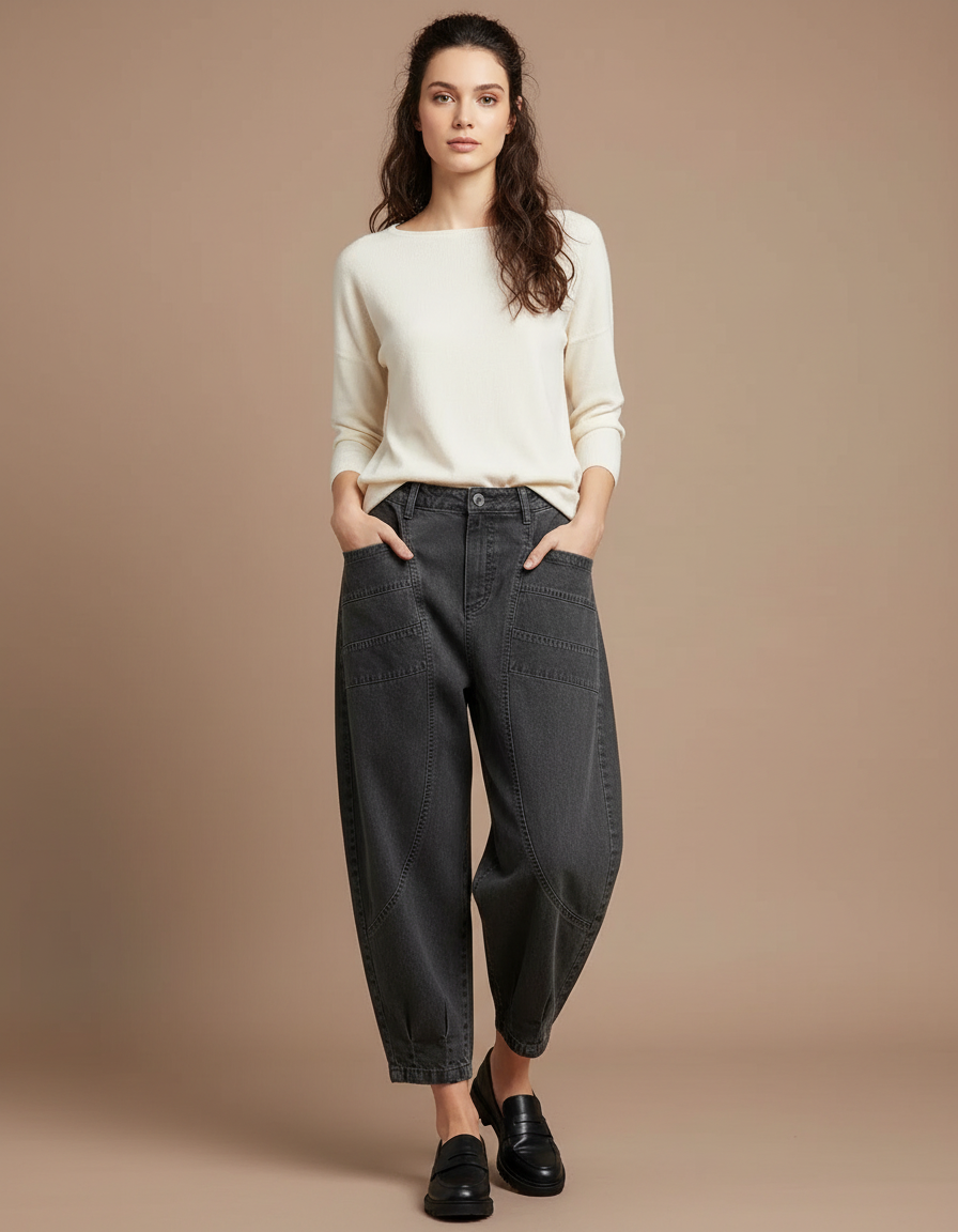 Pantalon À Pince Gris Ample Décontracté Cargo Femme - Jean