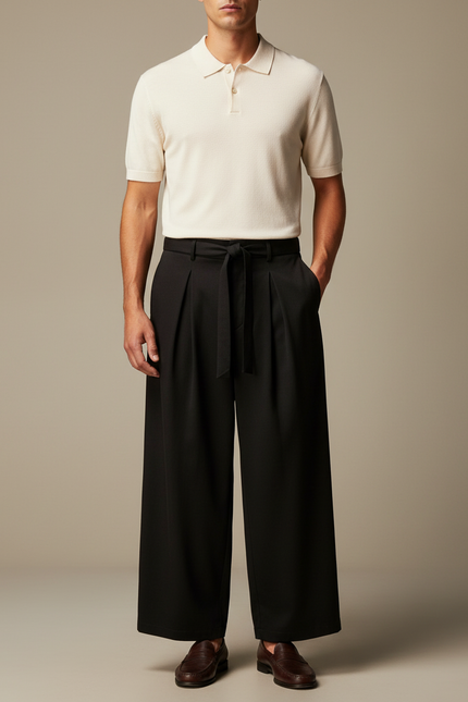 Pantalon Large À Pinces - Noir Viscose