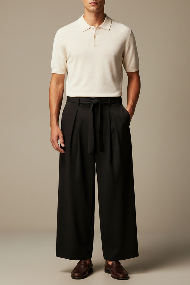 Pantalon Large À Pinces - Noir Viscose