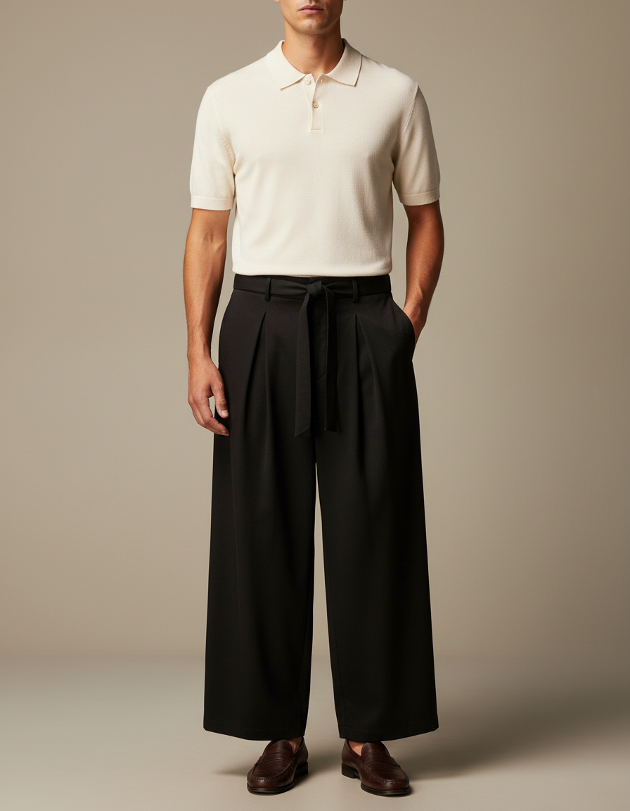 Pantalon Large À Pinces - Noir Viscose