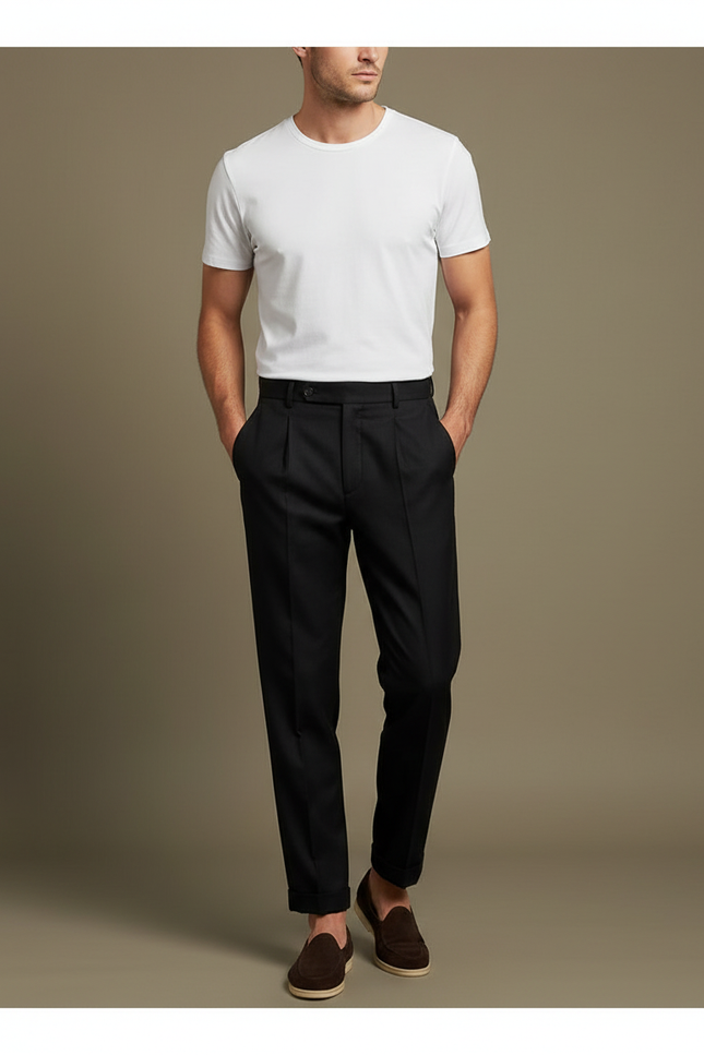 Pantalon À Pince Noir Droit Coton Homme Élégant - Gabardine