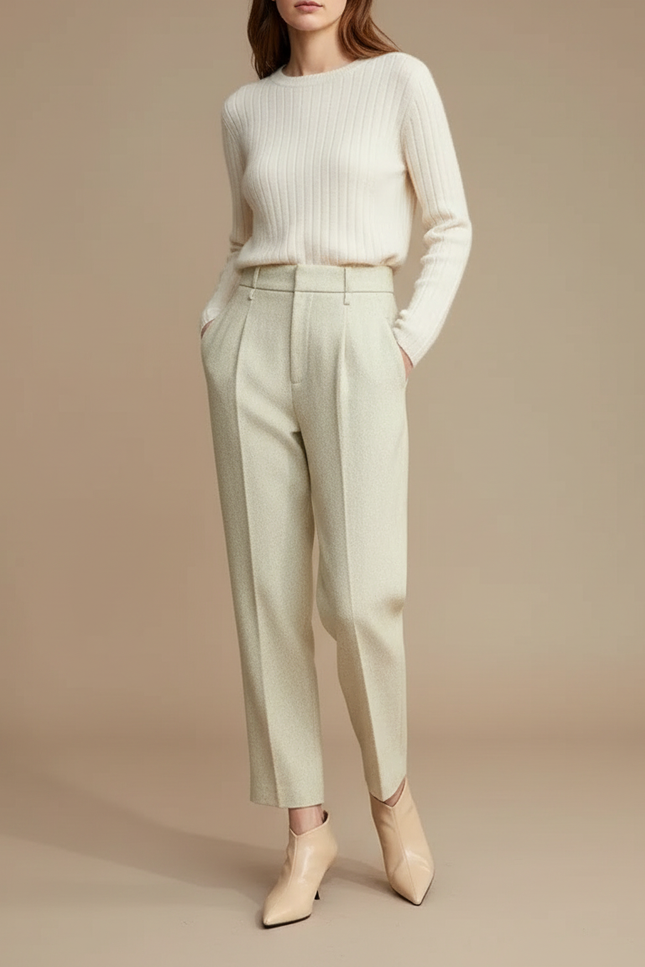Pantalon À Pince Crème Laine Plissé Fuselé Femme - Beige Tweed