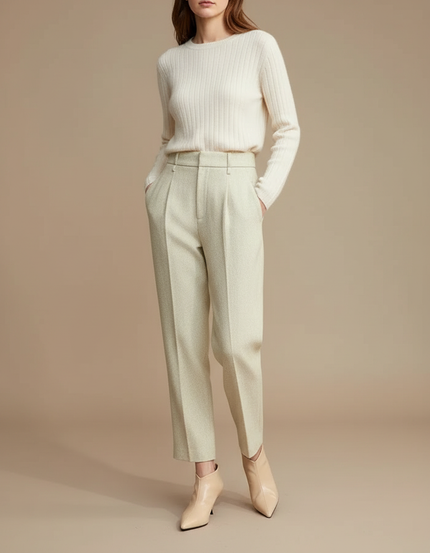 Pantalon À Pince Crème Laine Plissé Fuselé Femme - Beige Tweed