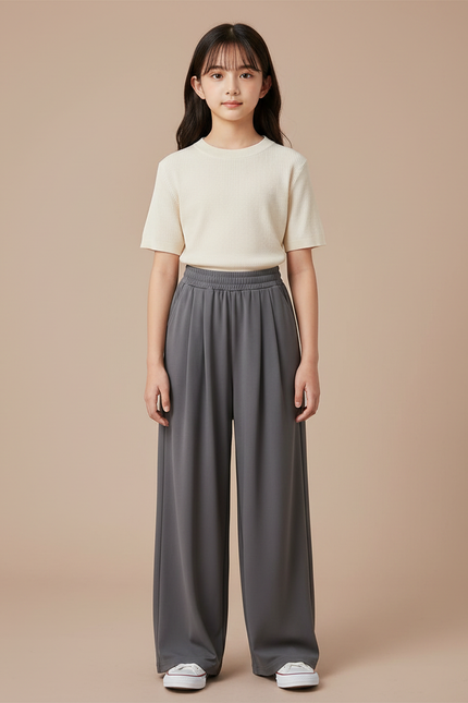 Pantalon À Pince Gris Ample Fluide Décontracté Fille - Viscose