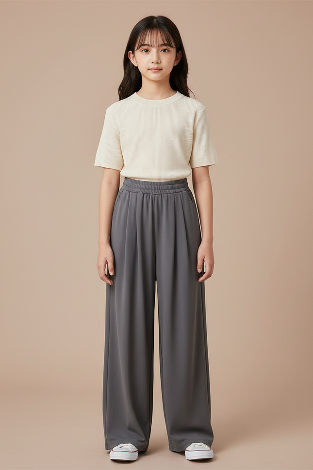 Pantalon À Pince Gris Ample Fluide Décontracté Fille - Viscose