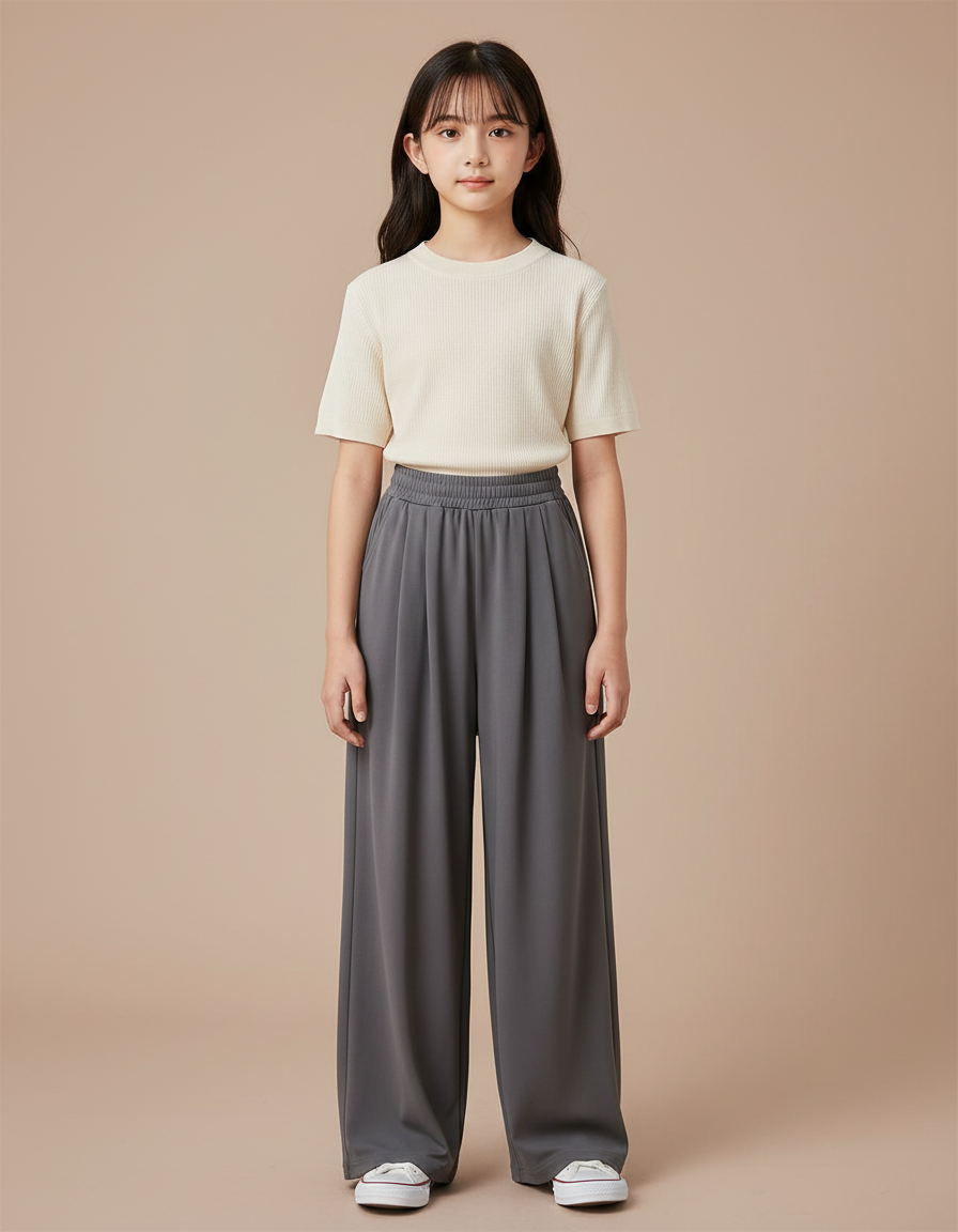 Pantalon À Pince Gris Ample Fluide Décontracté Fille - Viscose