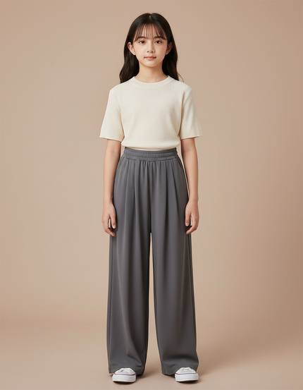 Pantalon À Pince Gris Ample Fluide Décontracté Fille - Viscose