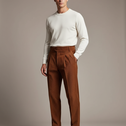 Pantalon À Pince Marron Velours Côtelé Plissé Droit Homme - Cordé