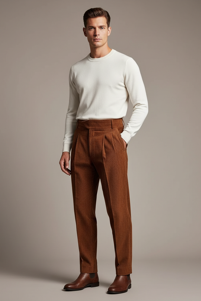 Pantalon À Pince Marron Velours Côtelé Plissé Droit Homme - Cordé