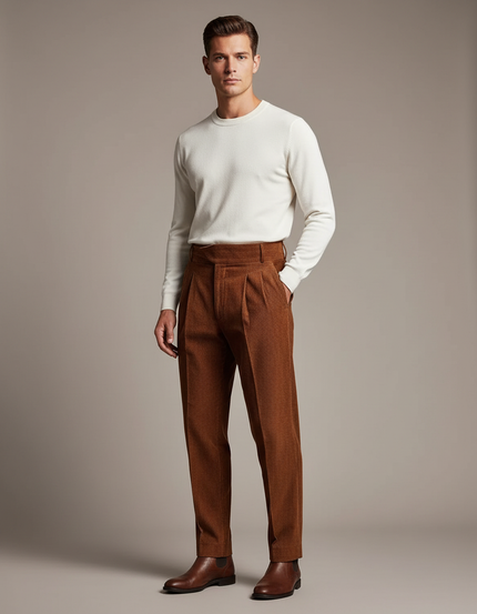 Pantalon À Pince Marron Velours Côtelé Plissé Droit Homme - Cordé