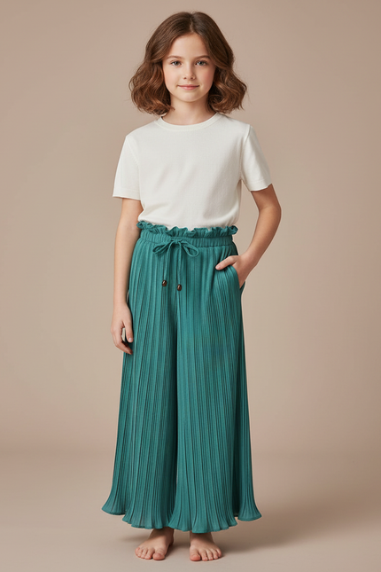 Pantalon À Pince Plissé Fluide Vert Taille Haute - Polyester