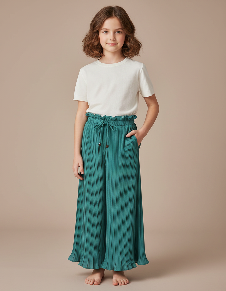 Pantalon À Pince Plissé Fluide Vert Taille Haute - Polyester