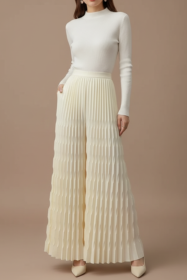 Pantalon À Pince Plissé Écru Ample Fluide Élégant - Beige Polyester