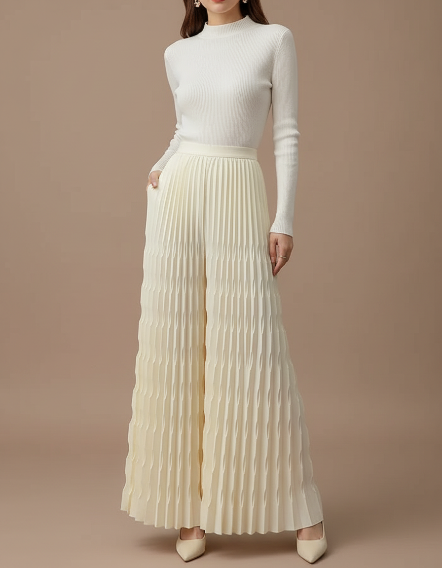 Pantalon À Pince Plissé Écru Ample Fluide Élégant - Beige Polyester