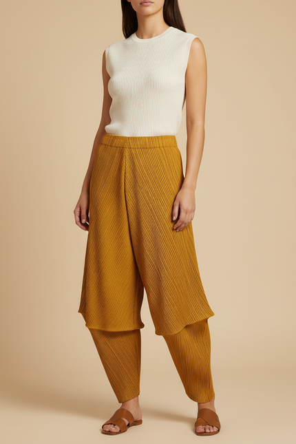 Pantalon À Pince Moutarde Plissé Fluide Décontracté Femme - Jaune Maille