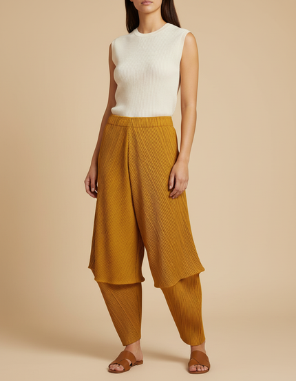 Pantalon À Pince Moutarde Plissé Fluide Décontracté Femme - Jaune Maille