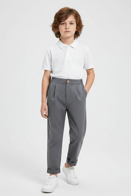 Pantalon À Pince Gris Plissé Décontracté Garçon - Polyester